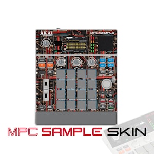 May include: An Akai Professional MPC Sample music production controller featuring a custom skin with a complex pattern of red, blue, and black electrical wires. The device includes a central grid of sixteen square pads, multiple knobs, a slider, and a digital display screen with the text MPC SAMPLE visible at the top right corner.