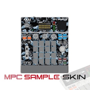 May include: An Akai Professional MPC Sample music production controller featuring a custom skin with a black and blue diamond and chain pattern. The device includes a central grid of sixteen square pads, various control knobs, a slider, and a digital display screen showing waveform data and the text MPC SAMPLE.