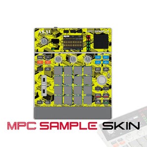 May include: An Akai Professional MPC Sample music production controller featuring a bright yellow skin with a repeating black line art pattern of audio equipment. The device includes a central display screen, sixteen square pads, knobs, and buttons.