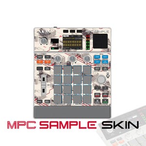 Może przedstawiać: Kontroler produkcji muzycznej Akai Professional MPC Sample z niestandardową nakładką na jasnobeżowym tle, przedstawiający powtarzalny izometryczny wzór sprzętu elektronicznego połączonego czerwonymi liniami, szesnaście szarych padów oraz centralny wyświetlacz.