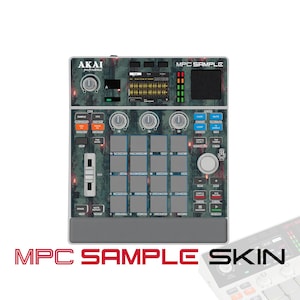 以下が含まれることがあります： ダークフォレストをテーマにしたスキンと赤い光のアクセントが特徴のAkai Professional MPC Sample音楽制作コントローラー。中央に16個のグレーのパッド、デジタルディスプレイ、各種コントロールノブ、ボタンが配置されています。