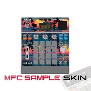 May include: An Akai Professional MPC Sample music production controller featuring a sunset and palm tree graphic skin. The device includes a central display screen, sixteen grey square pads, multiple control knobs, a fader, and buttons.
