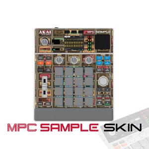 May include: An Akai Professional MPC Sample music production controller featuring a decorative skin with a repeating pattern of vintage cassette tapes. The device includes a central display screen, sixteen square pads, various control knobs, and buttons.