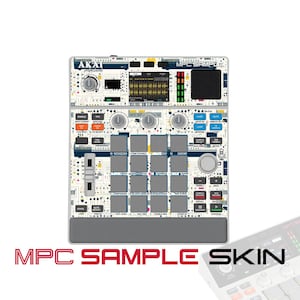 May include: An Akai Professional MPC Sample music production controller featuring a white surface with a technical schematic print. The device includes a central grid of sixteen square pads, a digital display screen, various knobs, and sliders.