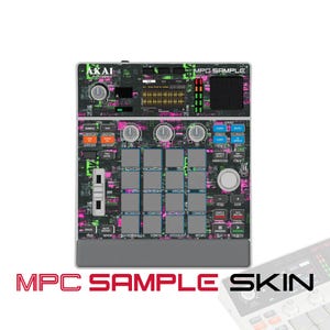 May include: An Akai MPC Sample music production controller featuring a custom skin with a black, green, and pink digital glitch pattern. The device includes a central grid of sixteen square pads, multiple control knobs, a fader, and a display screen.