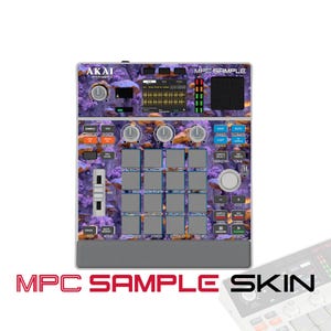 Könnte beinhalten: Ein Akai Professional MPC Sample Musikproduktions-Controller mit einer individuellen Folierung in einem violetten und orangen Unterwasser-Korallenriff-Muster. Das Gerät verfügt über ein zentrales Display, sechzehn quadratische Pads sowie Regler.