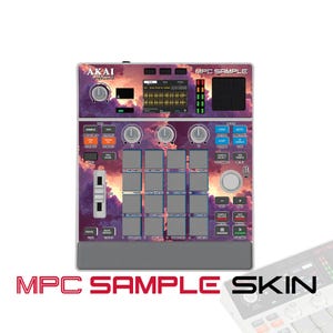 May include: An Akai Professional MPC Sample music production controller featuring a custom skin with a purple and orange sunset cloud graphic. The device includes a central grid of sixteen pads, a digital display screen, various control knobs, buttons, and a fader.