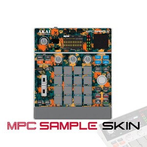 May include: An Akai Professional MPC Sample music production controller featuring a vibrant orange and dark teal abstract paint splatter pattern. The device includes a central display screen, sixteen square pads, multiple control knobs, a vertical fader, and various function buttons with printed labels. The text MPC SAMPLE is visible at the top right.