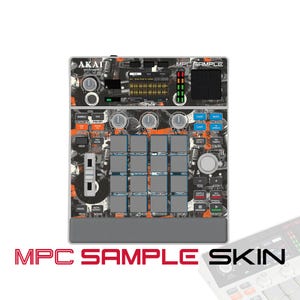 May include: An Akai Professional MPC Sample music production controller featuring a custom graphic skin with orange, black, and white patterns, a central display screen, sixteen square pads, various control knobs, and a slider.