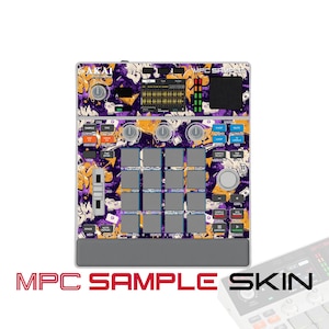 May include: An Akai Professional MPC Sample music production controller featuring a vibrant purple and orange graffiti-style skin. The device includes a central display screen, sixteen square pads, multiple control knobs, and a slider.