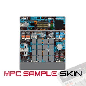 May include: An Akai Professional MPC Sample music production controller featuring a custom skin with a complex blue, orange, and black graphic pattern. The device includes a central grid of sixteen square pads, a digital display, knobs, and sliders.