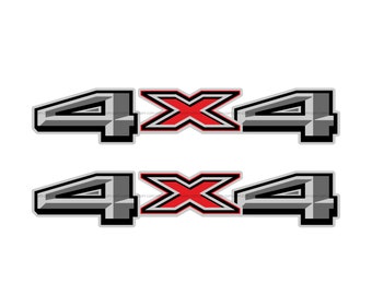 May include: Two 4x4 decals. Each decal features the text "4X4" in a stylized design. The "4" is gray with a black outline, and the "X" is red with a black outline. The decals are designed for vehicles.
