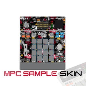 May include: An Akai Professional MPC Sample music production controller featuring a black, white, red, and yellow graffiti-style graphic skin. The device includes a central display screen, sixteen square pads, multiple control knobs, buttons, and a slider.