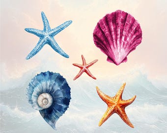 May include: A watercolor illustration of five seashells. The illustration features two starfish, a pink seashell, a blue seashell, and a blue and white seashell.