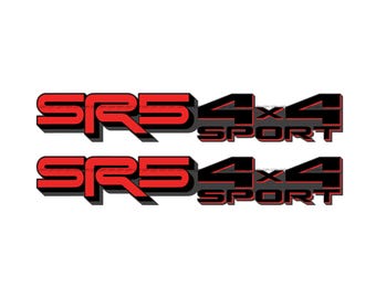 May include: Two matching red and black SRS 4x4 Sport decals. The text is in a bold, blocky font with a 3D effect. The letters SRS are in red with a black outline, and the 4x4 Sport text is black.