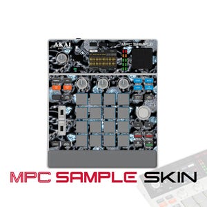 May include: An Akai Professional MPC Sample music production controller featuring a custom skin with a black and white graphic pattern of diamond jewellery and silver chains. The device includes a central screen, sixteen grey pads, knobs, and buttons.