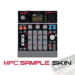 May include: An Akai Professional MPC Sample music production controller featuring a dark skin with a repeating red and blue floral pattern. The device includes a central screen, sixteen grey pads, multiple control knobs, and various buttons.