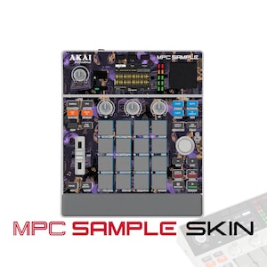May include: An Akai Professional MPC Sample music production controller featuring a custom purple and black graphic skin with headphones and musical notes. The device includes a central grid of sixteen square pads, a digital display screen, knobs, and sliders.