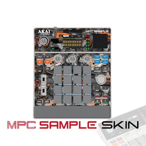 May include: An Akai Professional MPC Sample skin featuring a graphic pattern of vintage cassette tapes and tangled magnetic tape. The interface includes a central display screen, sixteen grey square pads, various control knobs, and buttons.