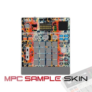 以下が含まれることがあります： 鮮やかなマルチカラーの抽象的なフルイドアートスキンを施したAkai Professional MPC Sample音楽制作コントローラー。中央に16個の正方形パッドのグリッド、各種コントロールノブ、ディスプレイ画面、スライダーを備えています。