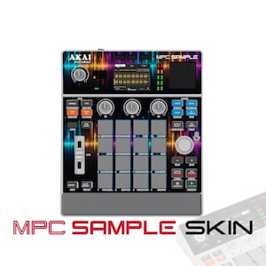 May include: An Akai Professional MPC Sample music production controller featuring a colourful sound wave graphic skin. The device includes a central grid of sixteen square pads, multiple control knobs, a digital display screen, and a vertical fader.