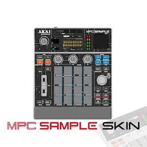 Op de afbeelding: Een zwarte Akai Professional MPC Sample skin met een ruimte-thema met witte sterren en lijnen. De overlay bevat een raster van zestien vierkante pads, diverse bedieningsknoppen, een centraal display en tekstlabels voor de functies.