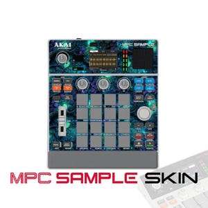 May include: An Akai Professional MPC Sample music production controller featuring a decorative skin with a dark blue and green forest-themed pattern. The device includes a central grid of sixteen square pads, various control knobs, buttons, and a screen.