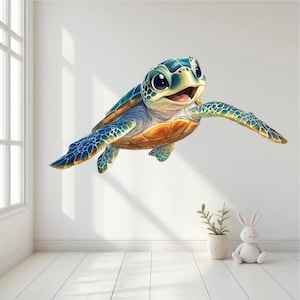 May include: A smiling cartoon sea turtle with blue, green, and orange shell, swimming with its flippers outstretched.