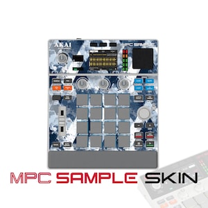 May include: An Akai Professional MPC Sample music production controller featuring a blue and white geometric camouflage pattern skin. The device includes a central display screen, sixteen square pads, various control knobs, and buttons.