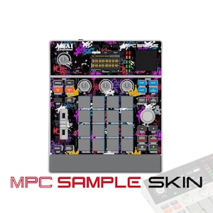 May include: An Akai Professional MPC Sample music production controller featuring a black surface with a vibrant graffiti pattern in purple, blue, and yellow. The device includes a central display screen, sixteen square pads, various control knobs, and buttons.