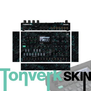 May include: A black and teal patterned skin for an Elektron Tonverk music production device. The skin features a dark, textured abstract design with glowing teal accents, covering the top, sides, and rear panel of the hardware unit.