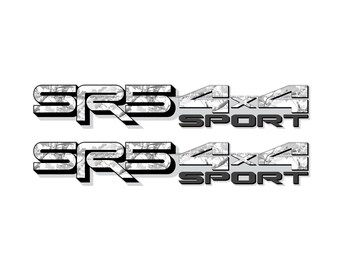 May include: Two sets of silver and grey SRS 4x4 SPORT decals. The text has a 3D effect with a camouflage pattern. The decals are designed for vehicles and are displayed on a white background.