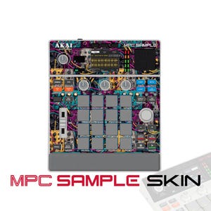 May include: An Akai Professional MPC Sample music production controller featuring a vibrant, abstract purple and teal circuit board pattern skin. The device includes a central grid of sixteen grey pads, a digital display screen, and various knobs.