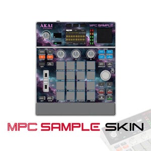 May include: An Akai Professional MPC Sample music production controller featuring a galaxy-themed skin with purple and blue nebula patterns. The device includes a central screen, sixteen square pads, various control knobs, sliders, and buttons.