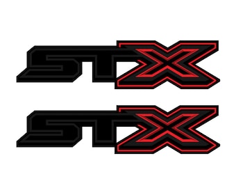 May include: Two black and red "STX" decals. The "X" is outlined in red and has a red fill. The "ST" is black with a red outline.