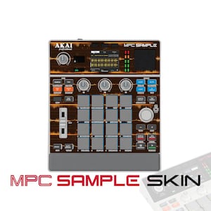 May include: An Akai Professional MPC Sample music production controller featuring a custom skin with a dark brown background, orange waveform graphics, and text labels. The device includes a central display, sixteen grey pads, knobs, and buttons.