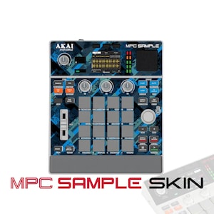 May include: An Akai Professional MPC Sample music production controller featuring a blue and black geometric patterned skin. The device includes a central display screen, sixteen square pads, multiple control knobs, a slider, and buttons.