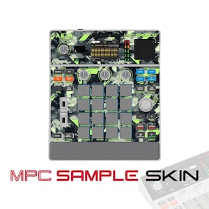 May include: An Akai Professional MPC Sample music production controller featuring a green and black camouflage pattern skin. The device includes a central display screen, sixteen square pads, various control knobs, buttons, and a slider.