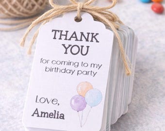 Personalised Birthday Thank You Tags with Pastel Balloons, Custom Name Party Favour Tags, Kids Birthday Gift Labels