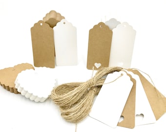 Pack of 10/25/50/100 Kraft Paper Gift Tags Scallop Blank Label Rectangular 9.5x4.5cm Heart Shape 7x6.5cm  + Free String