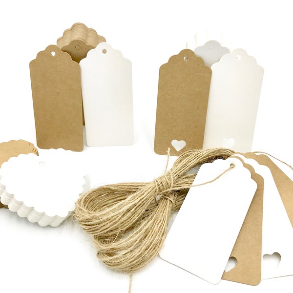 Pack of 10/25/50/100 Kraft Paper Gift Tags Scallop Blank Label Rectangular 9.5x4.5cm Heart Shape 7x6.5cm  + Free String