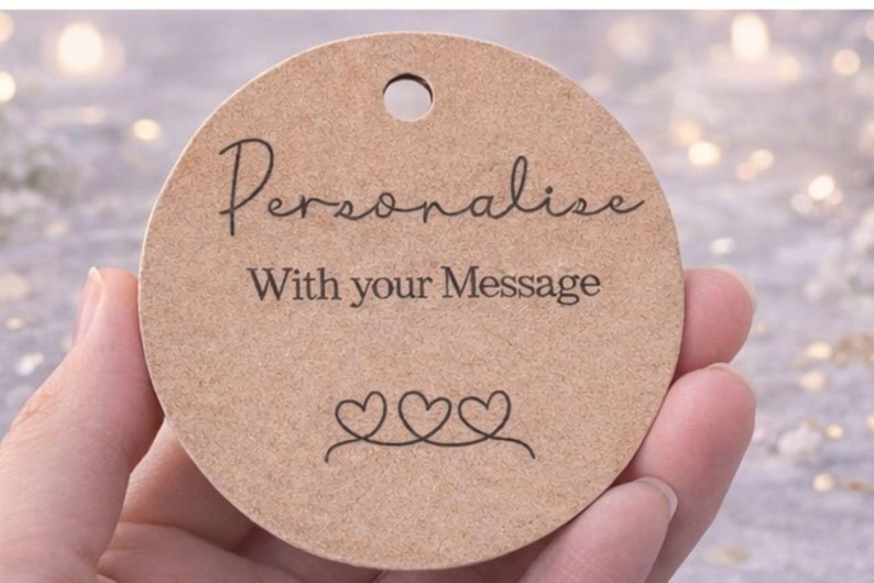 May include: A round, light brown tag with a hole at the top. The tag features the words "Personalise With your Message" in black script and a line of three connected heart shapes. The tag is held in a person's hand.