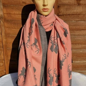 New Pink Reindeer Print Reversible Cashmere Winter Scarf Large Shawl Oversized Blanket Wrap Ideal for Gift For Her or Him ,Christmas Gift