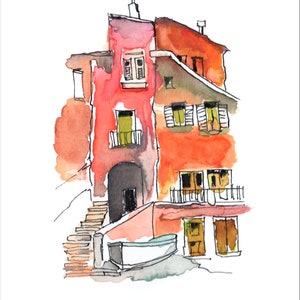 Impresión digital - Casa costera en Italia Pintura de acuarela