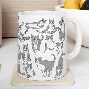 Gray Tuxedo Cat Mugs | 11oz & 15oz Grey Tuxedo Cat Mug | Gray and White Cats | Grey Cat Mugs Gift for Cat Lover | Gray Tuxedo Cat Gifts