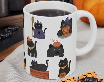 Pumpkin Black Cat Mug | 11oz & 15oz Halloween Cat Mugs | Witchy Cat Ghost Black Cat Halloween Teacher Gift Spooky Witch Cat Mug Boo