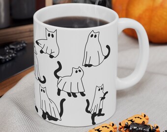 Spooky Black Cat Ghost Coffee Mug | 11oz & 15oz Cat Mugs | Black Cat Halloween Mug | Scary Ghost Cat Boo Halloween Gift for Cat Lovers