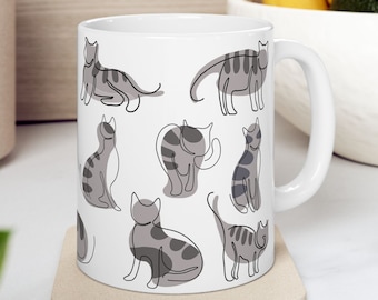 Grey Tabby Cat Mug | 11oz & 15oz Gray Cat Mug | Light Grey Cat with Dark Grey Stripes Cat | Simple Modern Minimalist Aesthetic | Grey Cats