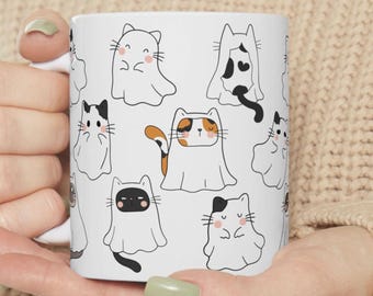 Halloween Ghost Cat Mug | 11oz & 15oz Cute Cat Mugs ~ Adorable Cat Breeds in Sheets