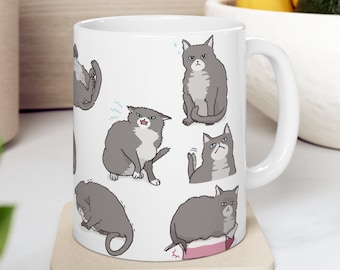 Graue Tuxedo-Katzen-Tasse | 11 Unzen und 15 Unzen süße Katzenbecher | Graue Katzenbecher Katzenkaffeetasse Lehrer Geschenk für Katzenperson Becher graue Katzenliebhaber Geschenk
